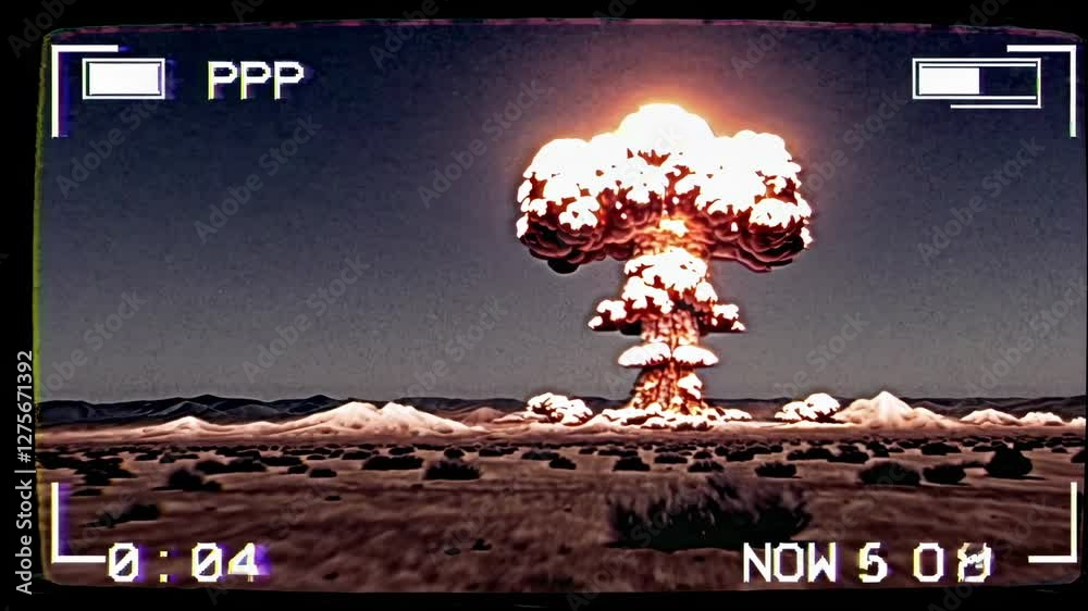 Vintage video style capturing a nuclear explosion from a low-angle perspective, framed like a camcorder screen with time and date overlay.