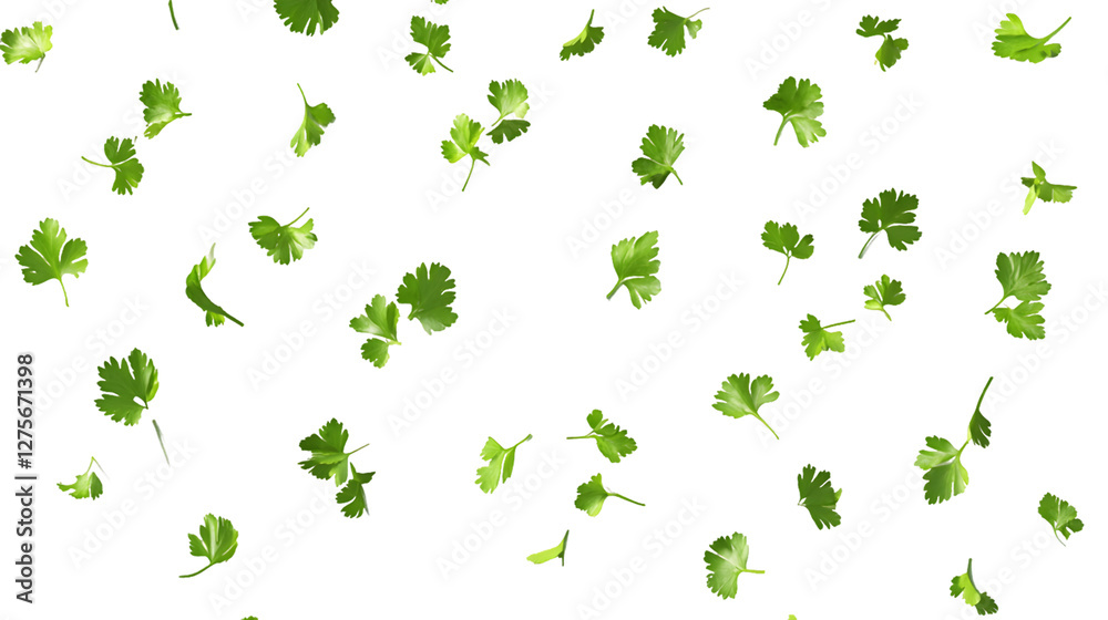 Vibrant green cilantro leaves falling on a transparent background.  Fresh, healthy, and natural