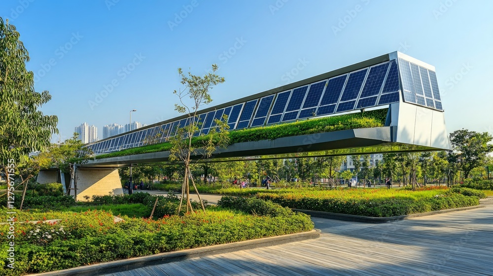 Modern Eco-Friendly Bridge with Solar Panels and Greenery in City Modern Eco-Friendly Bridge with Solar Panels and Greenery in City
