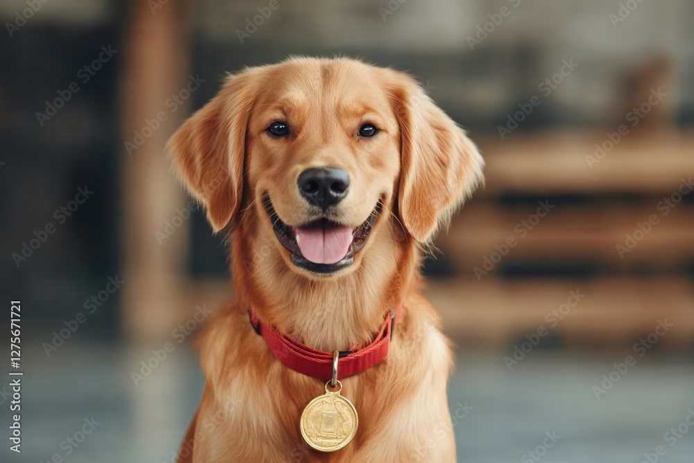 Golden retriever wearing a red collar and a gold medal smiling at home Golden retriever wearing a red collar and a gold medal smiling at home