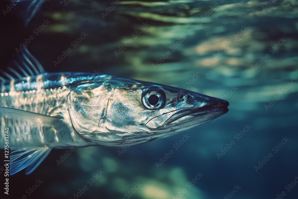 Fototapeta premium A sleek barracuda glides gracefully underwater, its sharp features highlighted in a serene marine setting.
