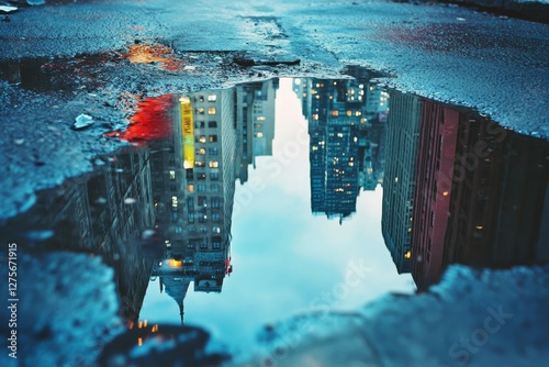 Cityscape reflection in a puddle on an urban street, capturing illuminated buildings and vibrant lights on damp pavement.