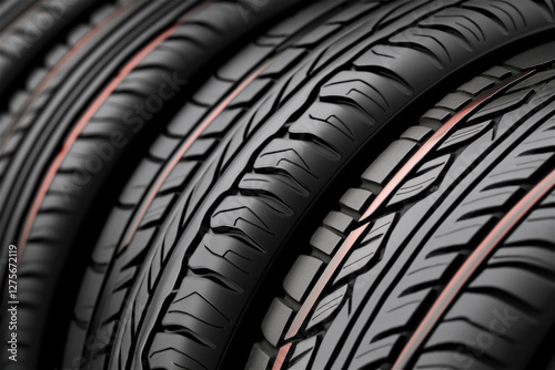 Close-up view of new car tires with detailed texture. The photo shows the close-up of tire tread patterns, ideal for car maintenance or tire-related concepts. photo