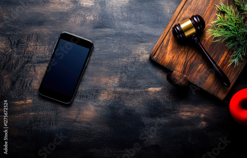 Explore the intersection of technology and law with a smartphone, gavel, and a wooden cutting board, symbolizing innovation and tradition in today's judicial landscape.