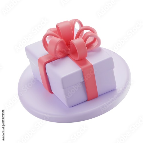 3D pastel gift box with pink ribbon on round platfor photo