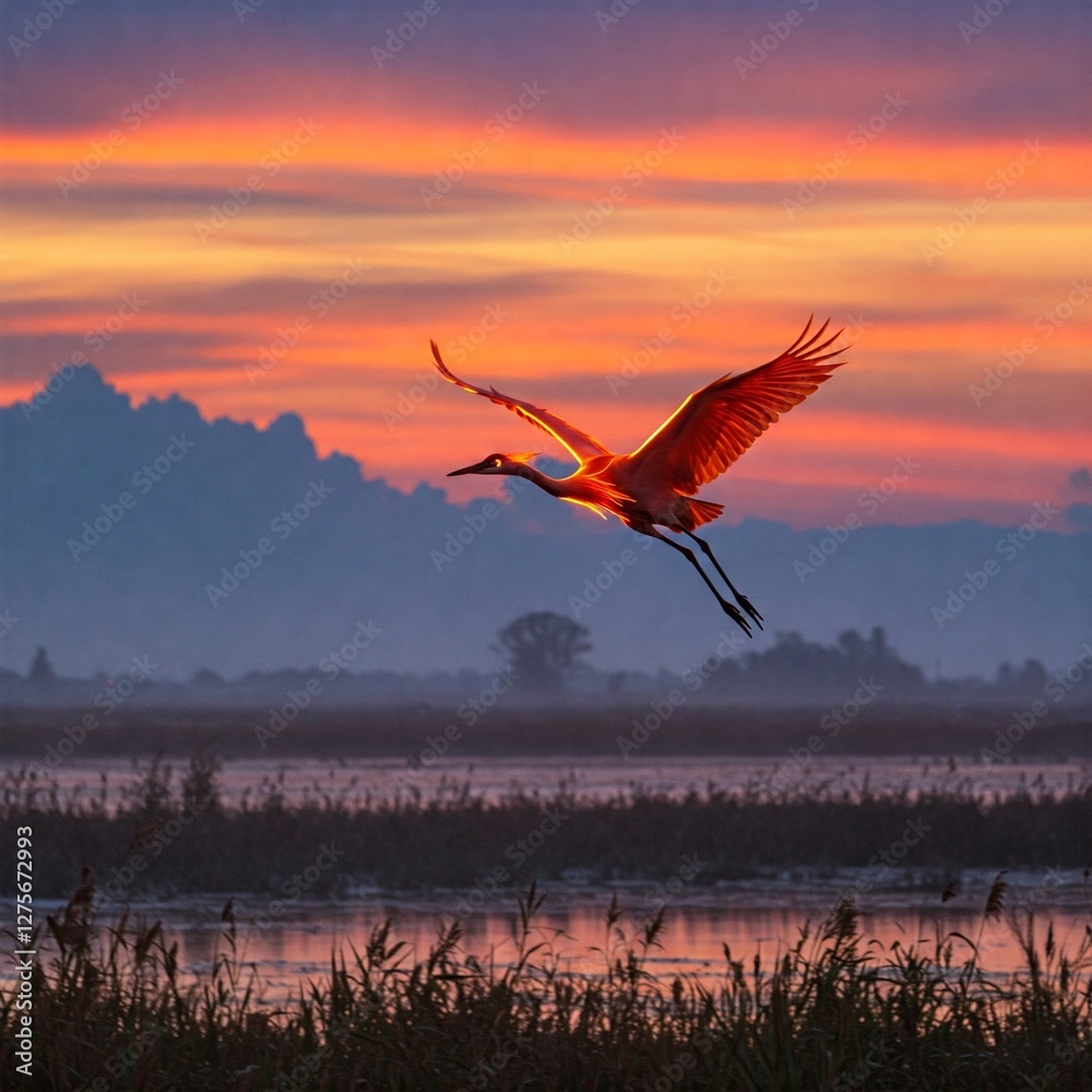 Obraz premium Fiery neon-orange crane soaring above glowing marshes, intense sunset mist with radiant clouds, slightly close-up