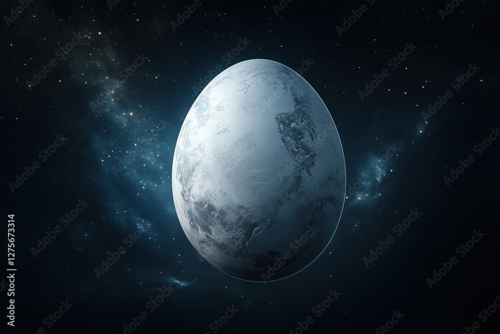 Fototapeta premium Giant egg-shaped planet in space with stars and galaxy in background. Science fiction and cosmic exploration concept