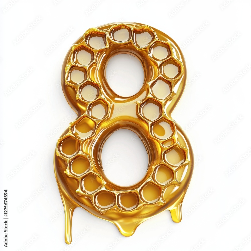Number 8 made of golden honey dripping with honeycomb texture isolated on a clean white background Number 8 made of golden honey dripping with honeycomb texture isolated on a clean white background