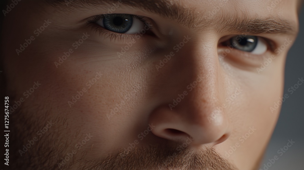 Naklejka premium Close-up of man's blue eyes with intense gaze and facial details in soft light. Emotion and human connection