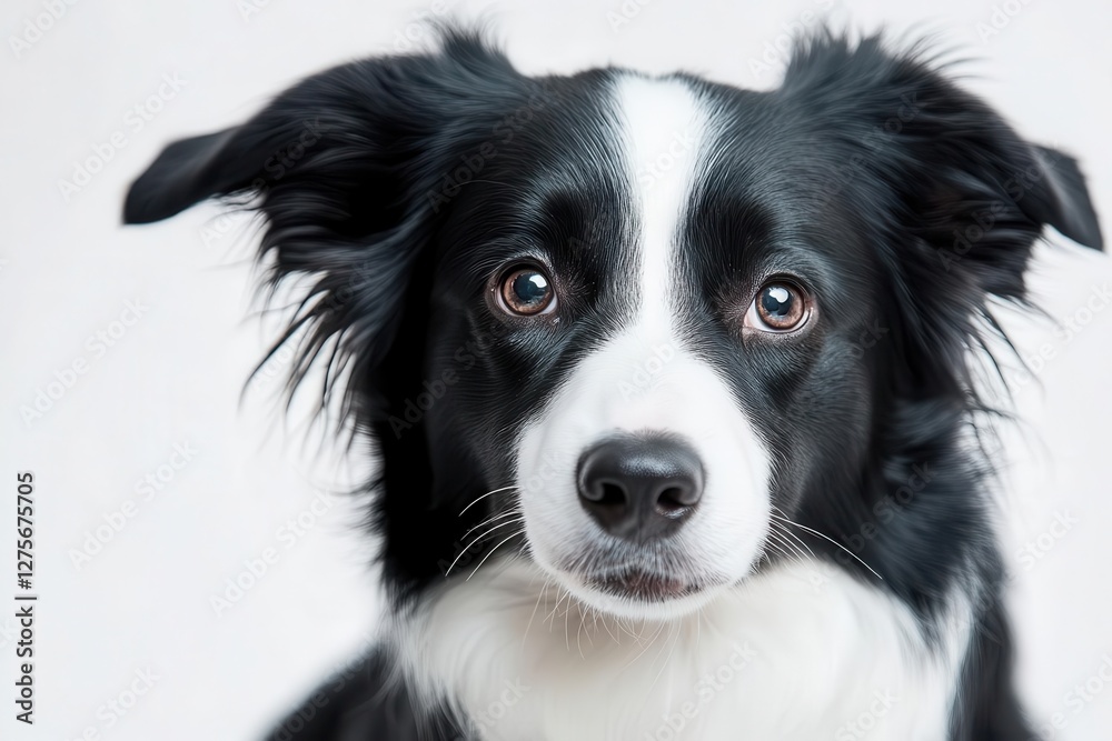 young border collie with expressive eyes and classic black and white markings playful pose against clean white background studio lighting young border collie with expressive eyes and classic black and white markings playful pose against clean white background studio lighting
