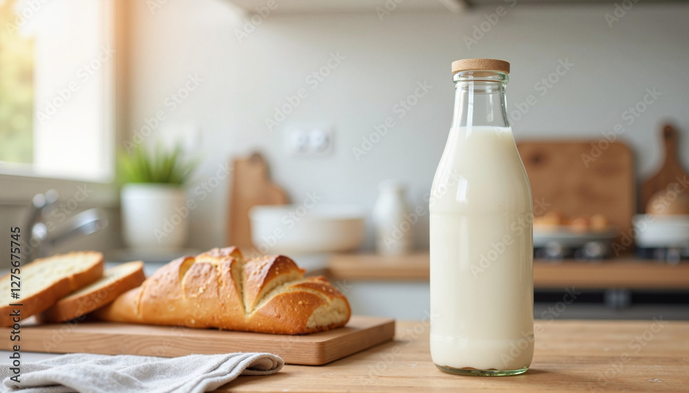 A milk bottle on a rustic table with a loaf of bread, creating a cozy and wholesome branding mockup. A milk bottle on a rustic table with a loaf of bread, creating a cozy and wholesome branding mockup.