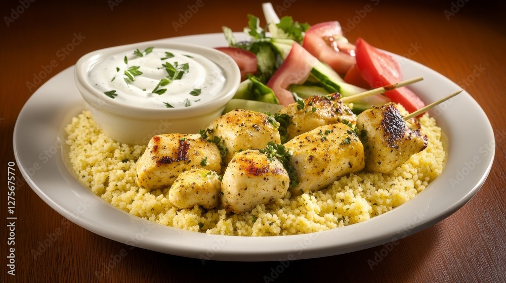 Grilled Chicken Skewers with Couscous and Yogurt Sauce - A Delicious Mediterranean Meal Grilled Chicken Skewers with Couscous and Yogurt Sauce - A Delicious Mediterranean Meal