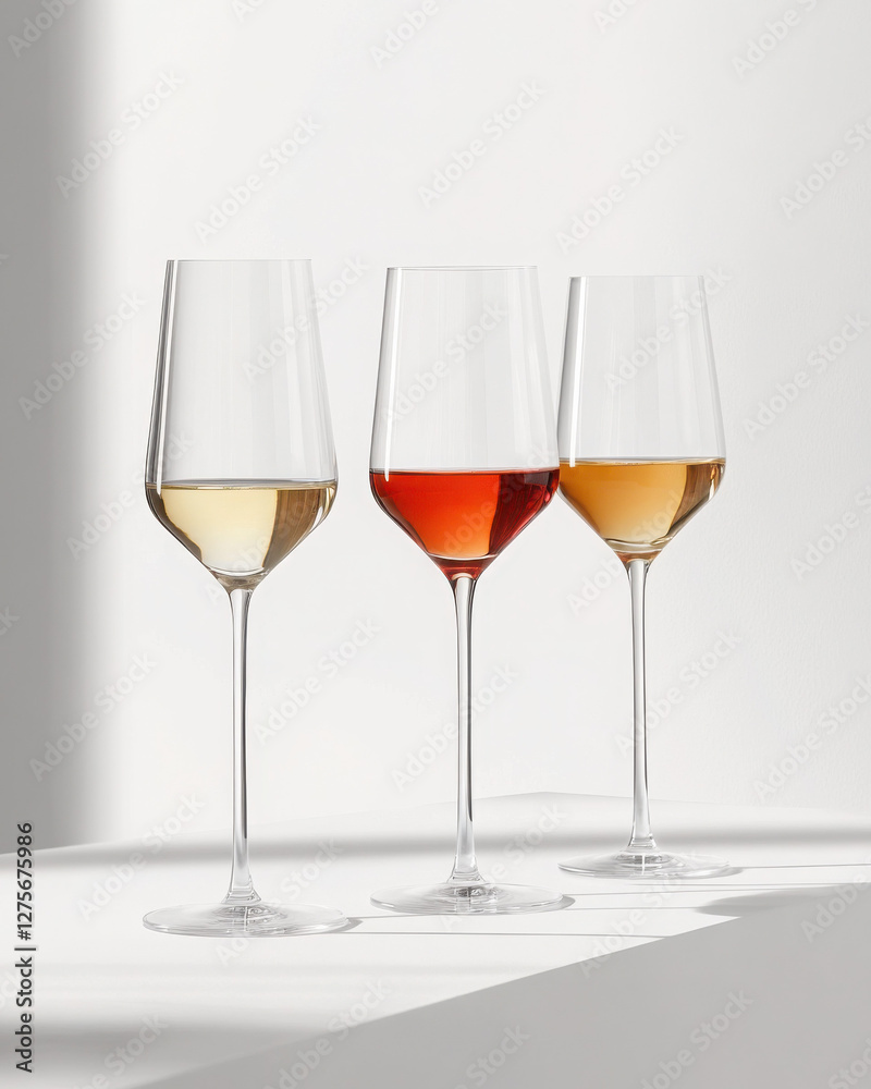 Three elegant wine glasses filled with different wines. Three elegant wine glasses filled with different wines.