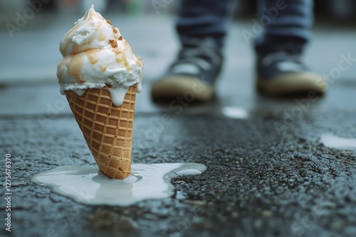 An ice cream cone meets an untimely demise on wet pavement as a pair of sneakers approaches, capturing a fleeting, whimsical moment of misfortune.