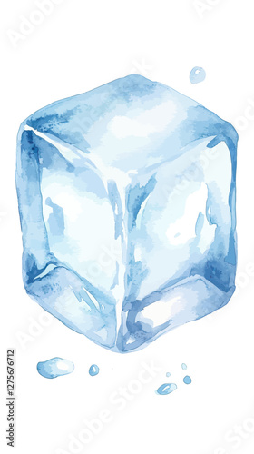 Vibrant Ice Cube Watercolor Digital Art Illustration with Subtle Blue Tones
