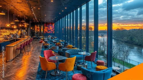 Modern bar with river views, vibrant interior, business use