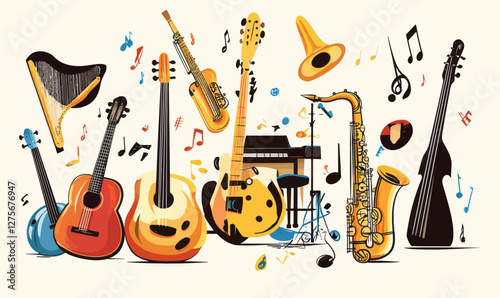 Vibrant Musical Instruments Vector Art with Guitars Pianos Saxophones for Creative Projects