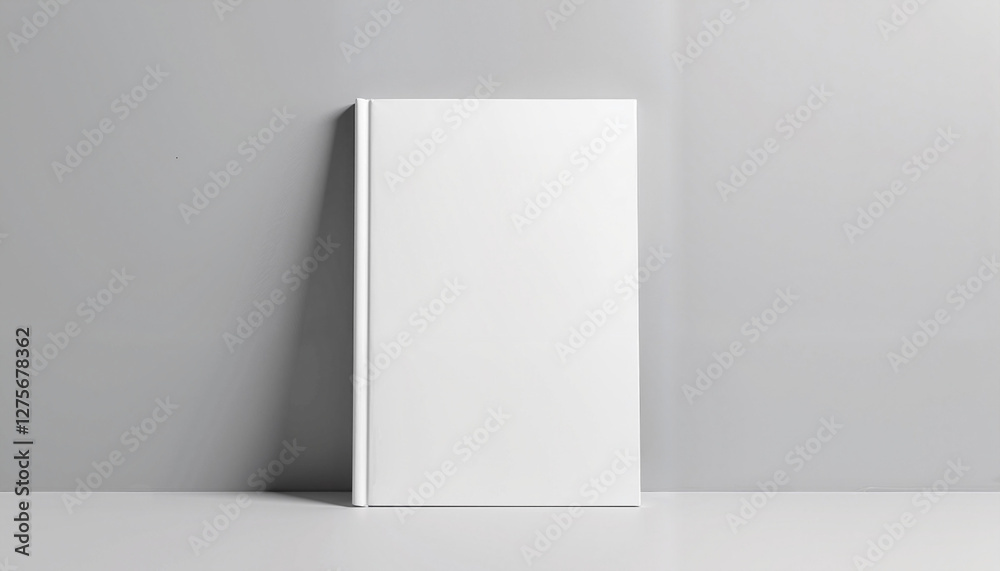 A vertical hardcover book mockup with a blank white cover on a neutral gray surface. This mockup is perfect for displaying book cover designs, branding ideas, or promotional materials in a clean style A vertical hardcover book mockup with a blank white cover on a neutral gray surface. This mockup is perfect for displaying book cover designs, branding ideas, or promotional materials in a clean style