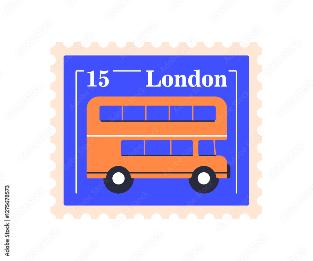 Postal stamp with London double-decker bus. Post mark, British souvenir. Postage, mail card. UK and England travel and sightseeing. Flat vector illustration isolated on white background Postal stamp with London double-decker bus. Post mark, British souvenir. Postage, mail card. UK and England travel and sightseeing. Flat vector illustration isolated on white background