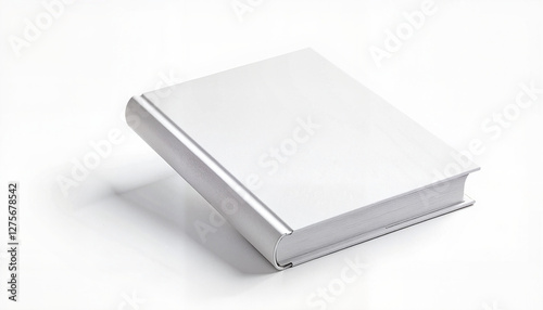A hardcover book mockup displayed flat on a white surface with a blank white cover. This minimalistic setup is ideal for showcasing book cover designs, branding projects, or editorial concepts.