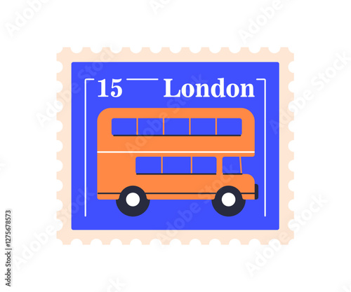 Postal stamp with London double-decker bus. Post mark, British souvenir. Postage, mail card. UK and England travel and sightseeing. Flat vector illustration isolated on white background