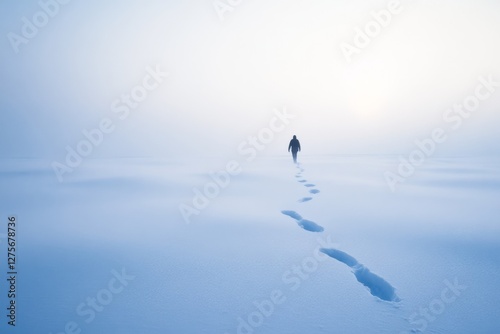 A solitary figure walks across a vast snowy landscape, leaving solitary footprints that fade into the horizon under a serene, pale blue sky.