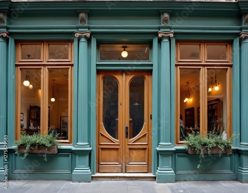 Vintage wooden door and window with teal facade. Facades shop front of old historic building in town. Ornate decorative details of rustic antique weathered entrance.