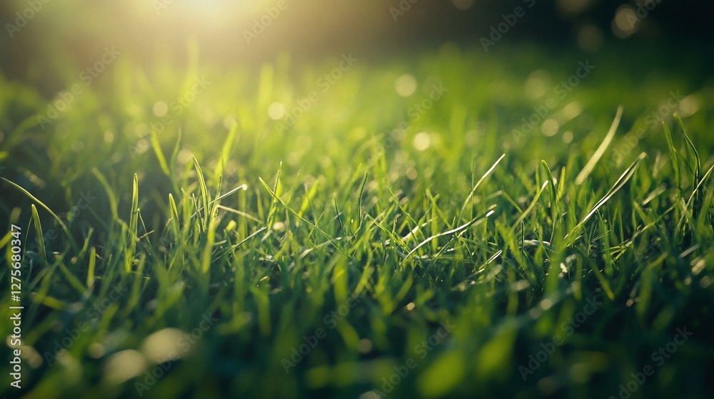 Close-up of vibrant green grass illuminated by warm sunlight. Close-up of vibrant green grass illuminated by warm sunlight.