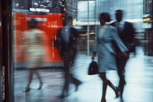 Blurred motion of business professionals walking briskly through a modern glass building, capturing the hustle and bustle of city life.