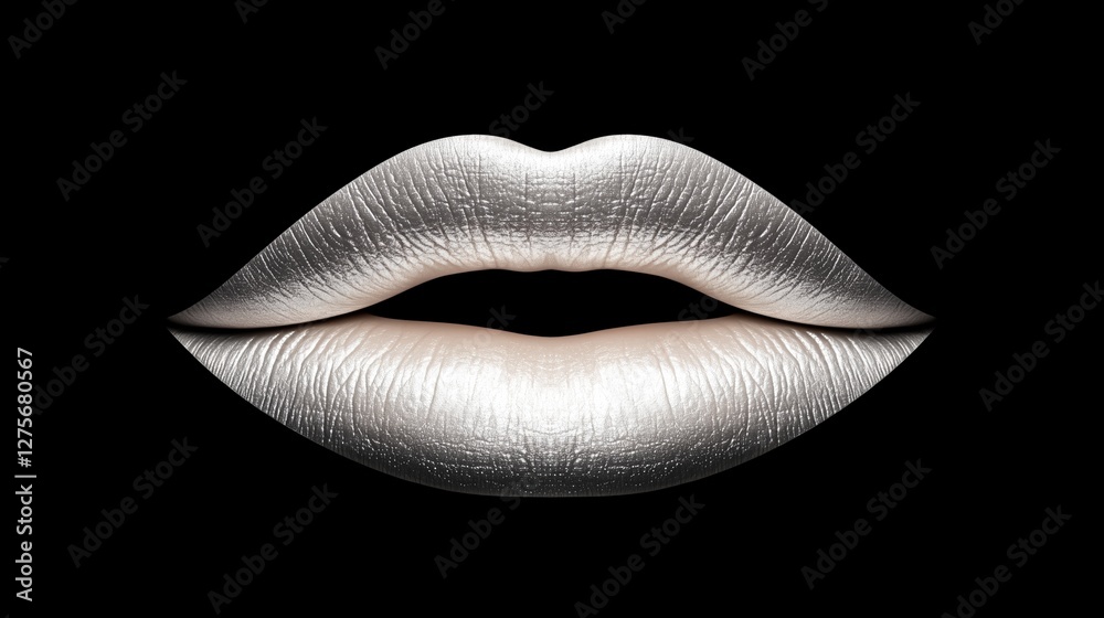 Close-up of metallic silver lips on black background, futuristic beauty and fashion concept Close-up of metallic silver lips on black background, futuristic beauty and fashion concept