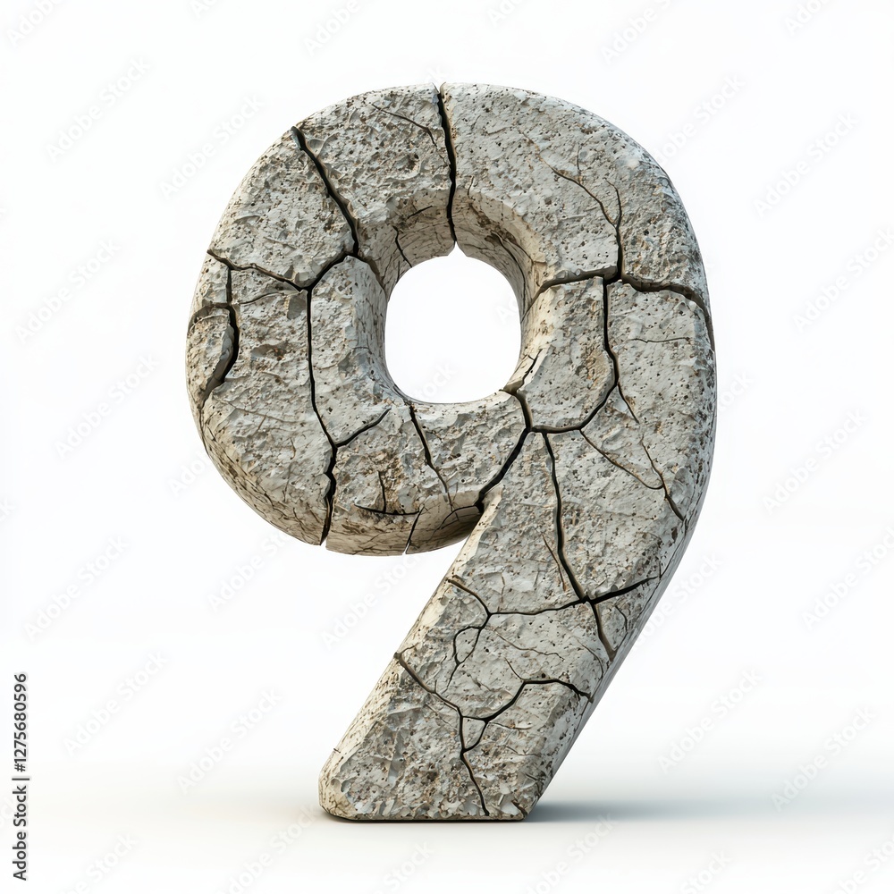 Number 9 made of solid cracked concrete with rough texture isolated on a clean white background Number 9 made of solid cracked concrete with rough texture isolated on a clean white background