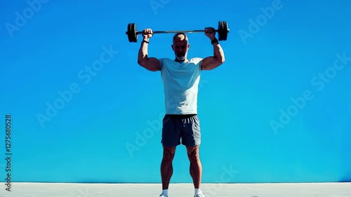 A man is holding a pair of dumbbells in his hands. He is standing in front of a blue wall