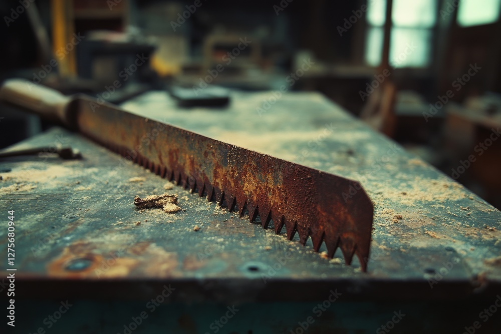 A rusty saw rests on a dusty workbench, a testament to manual labor and time's erosion in an abandoned workshop. A rusty saw rests on a dusty workbench, a testament to manual labor and time's erosion in an abandoned workshop.