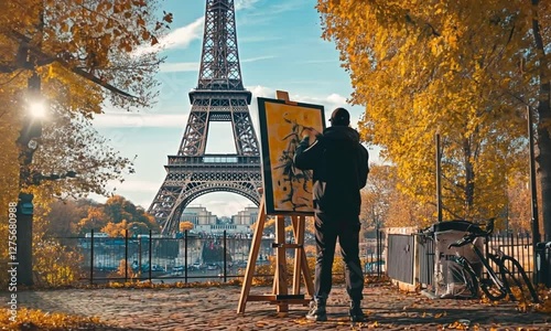 A scenic autumn shot of an artist painting near the Eiffel Tower, capturing the magic of Paris in fall.