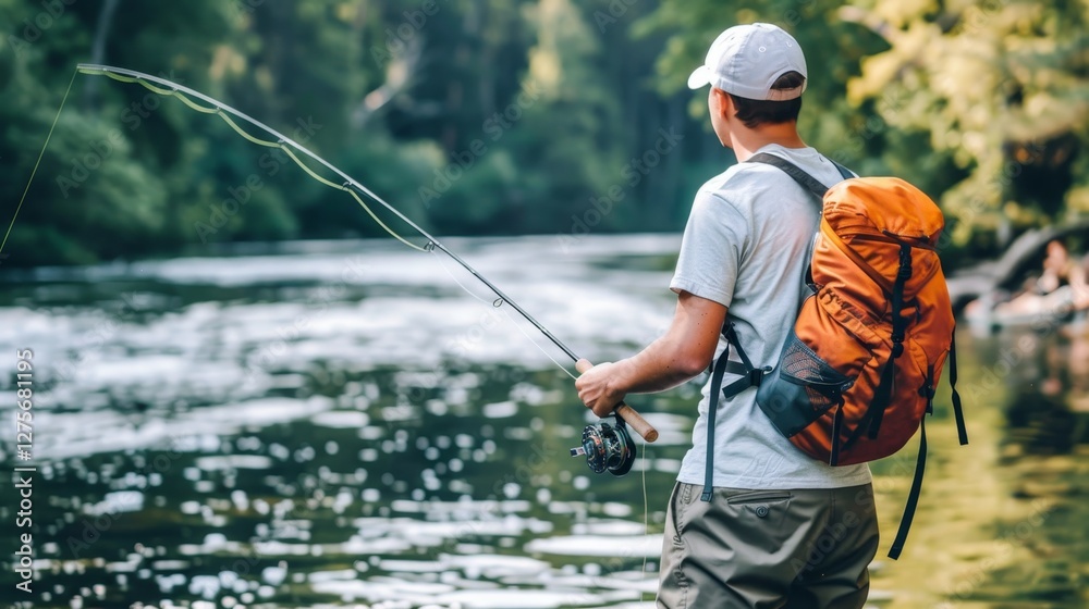 Young Man Fly Fishing in Serene River, Enjoying the Tranquility of Nature on a Summer Day. Young Man Fly Fishing in Serene River, Enjoying the Tranquility of Nature on a Summer Day.