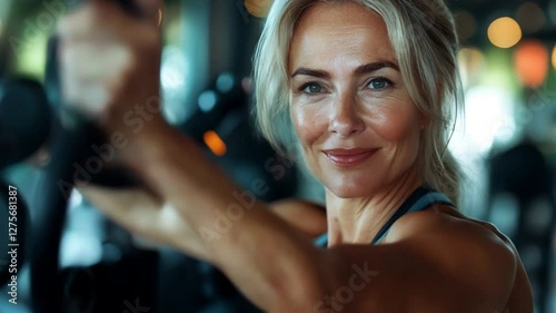 A woman is smiling and holding a piece of equipment. She looks happy and healthy. Concept of positivity and well-being