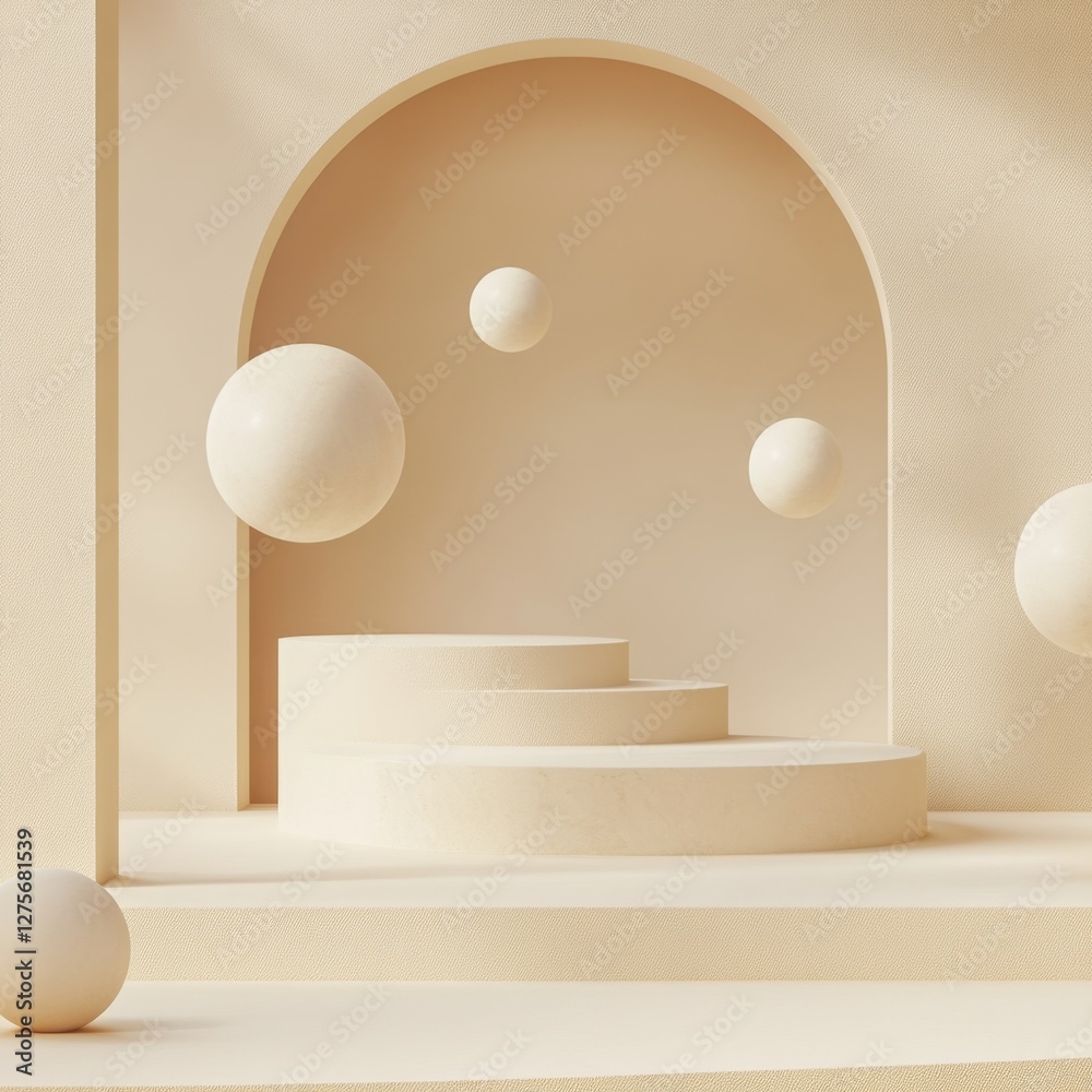 Cream-toned product display, floating spheres, arched niche, sunlit room, mockup