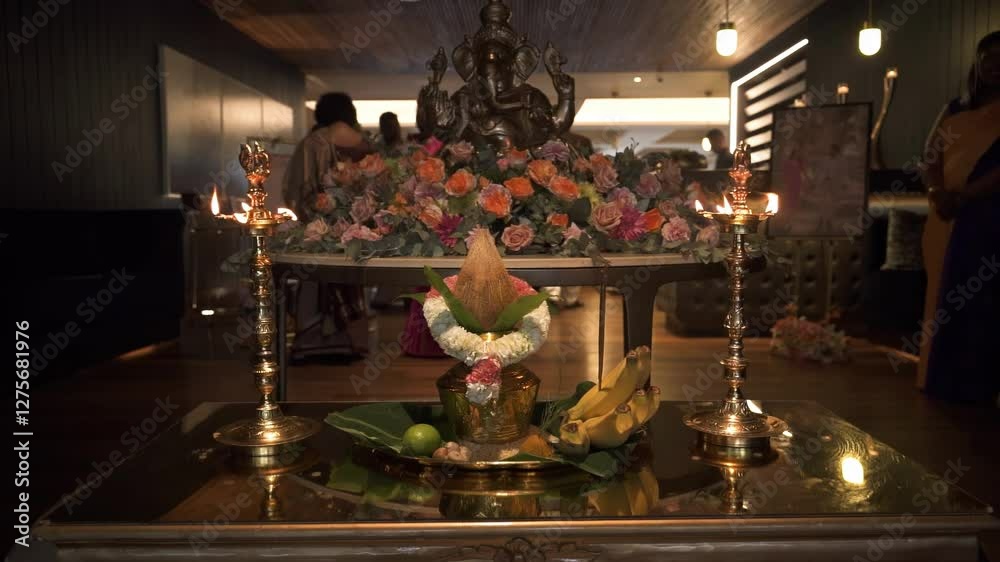 Altar With Flowers And Prayer Candles For Hindu Wedding Ceremony. closeup shot Altar With Flowers And Prayer Candles For Hindu Wedding Ceremony. closeup shot
