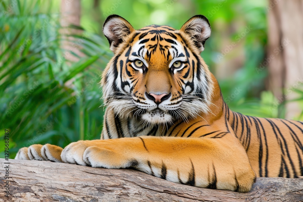 Obraz premium A majestic tiger resting on a log in a lush green environment.