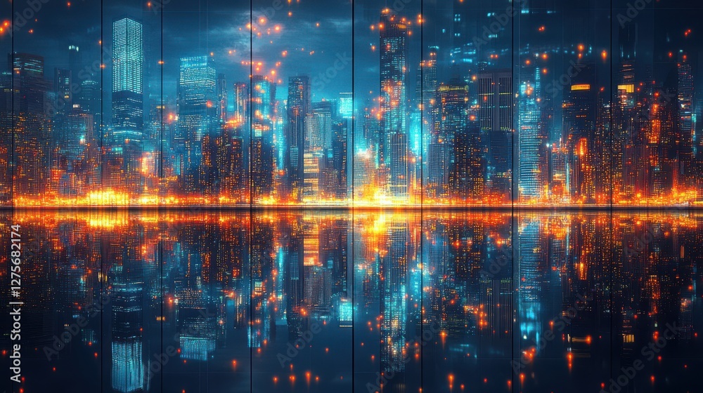 Obraz premium Stunning Night Cityscape with Reflections and Vibrant Lights Illuminating a Modern Skyline