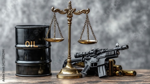 A balance scale, oil barrel, and firearms representing justice and conflict.