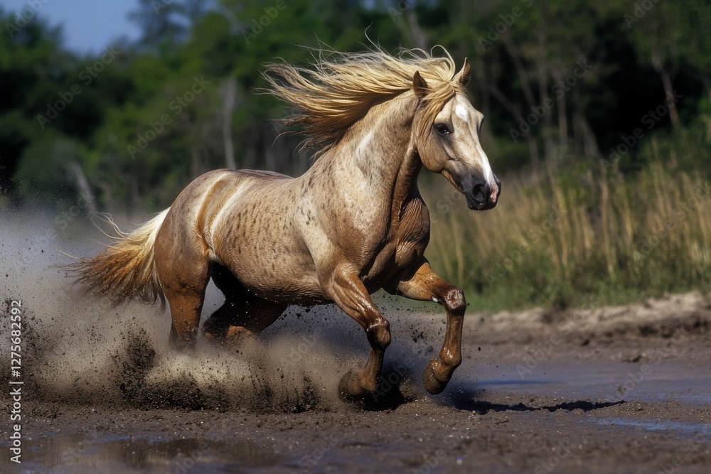 Obraz premium A golden horse gallops through a dusty trail, mane flowing in the air, exuding strength and wild freedom.