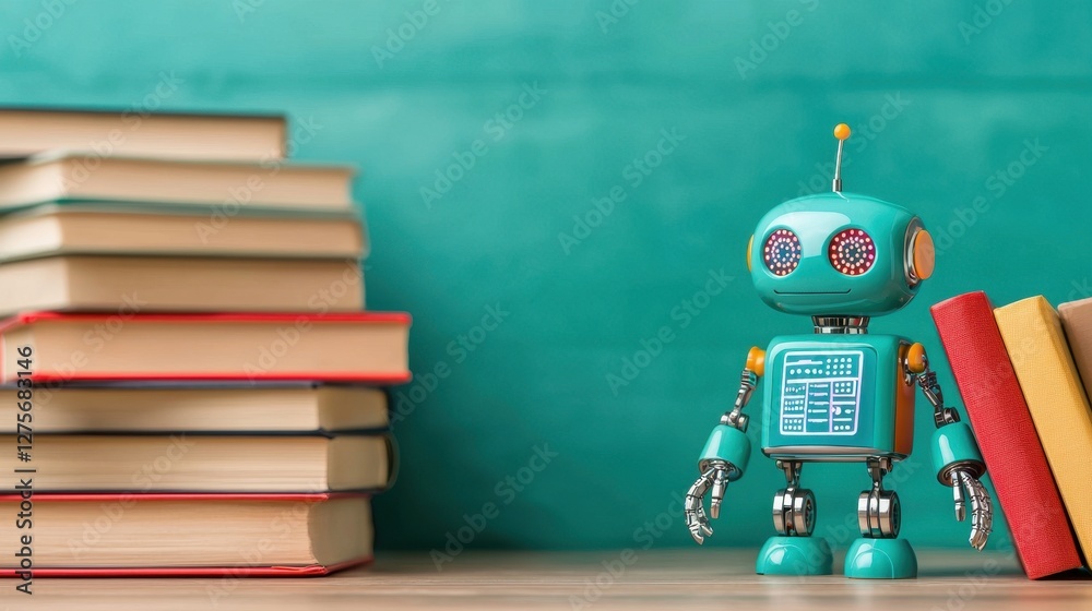 Obraz premium Retro Toy Robot Standing Near Stack of Books on Wood Table Against Green Wall