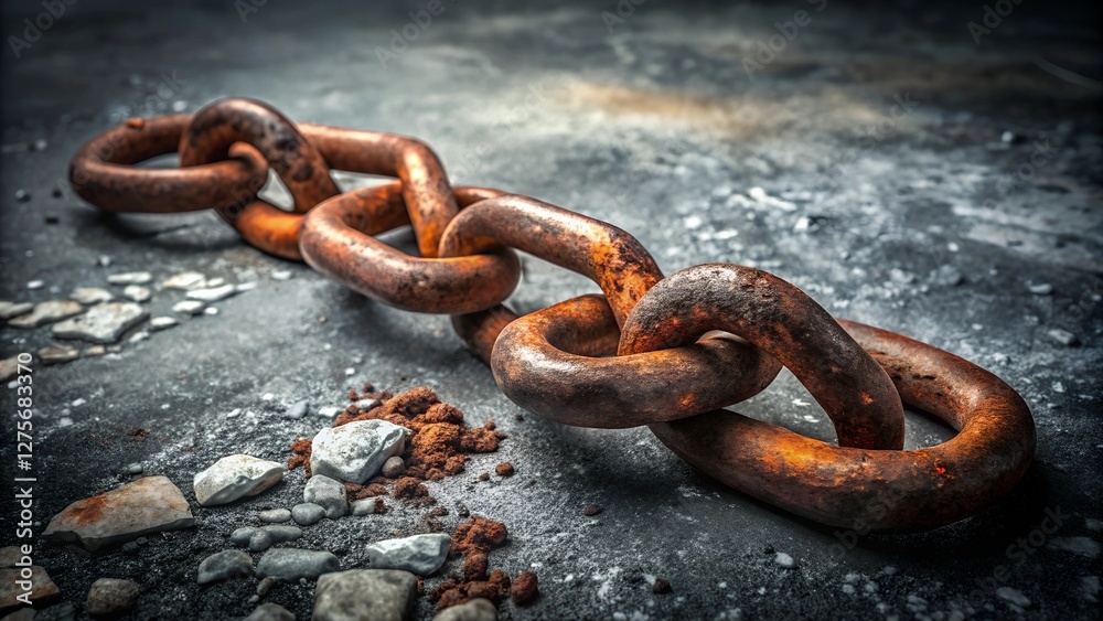 Broken Rusted Chain on Cracked Concrete, Symbolizing Freedom and Strength Broken Rusted Chain on Cracked Concrete, Symbolizing Freedom and Strength