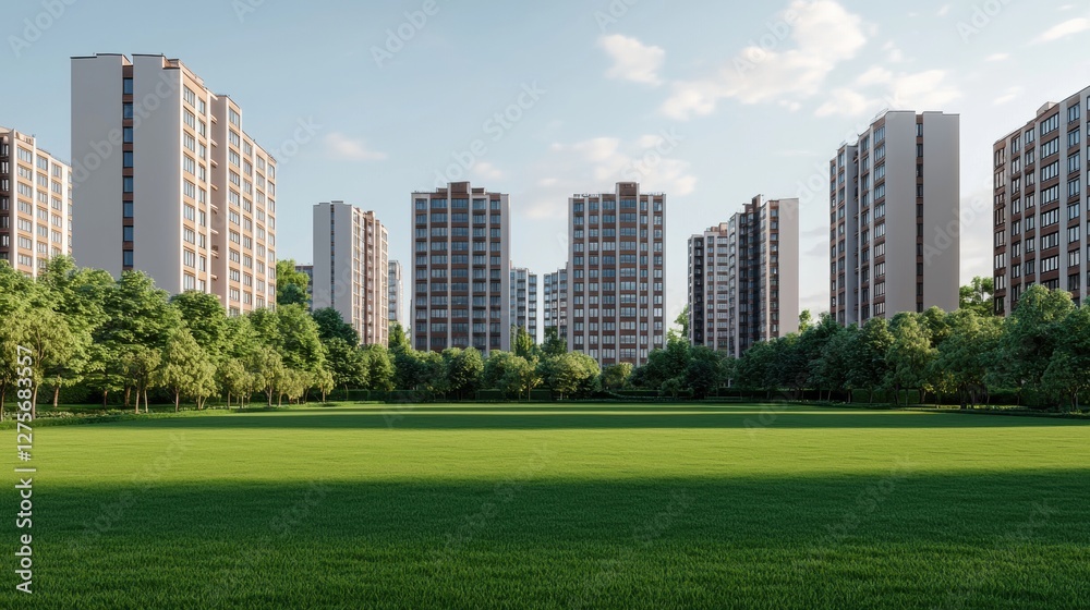 Wide View of Urban Park Surrounded by Tall Buildings Under Bright Blue Sky and Green Landscape Wide View of Urban Park Surrounded by Tall Buildings Under Bright Blue Sky and Green Landscape