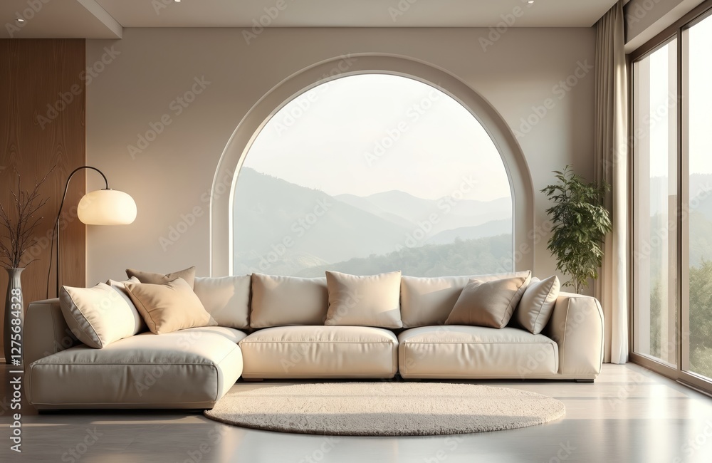 Fototapeta premium Luxury living room interior with big sofa, round carpet. Modern stylish apartment design with comfy couch, cushions. Home decoration with lamp, plants, curtains, arch window with mountain landscape.