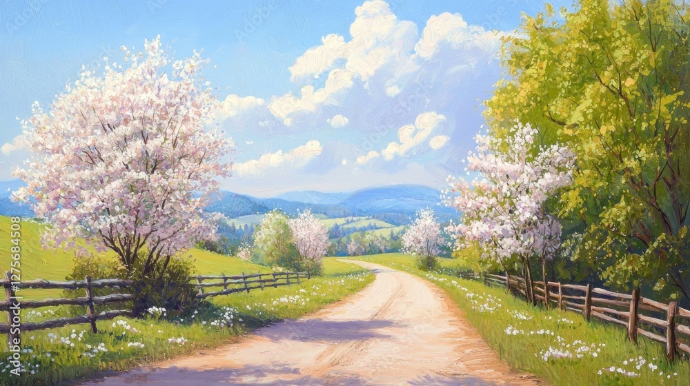 Springtime Countryside Landscape: A Serene Path Through Blossoming Trees Springtime Countryside Landscape: A Serene Path Through Blossoming Trees