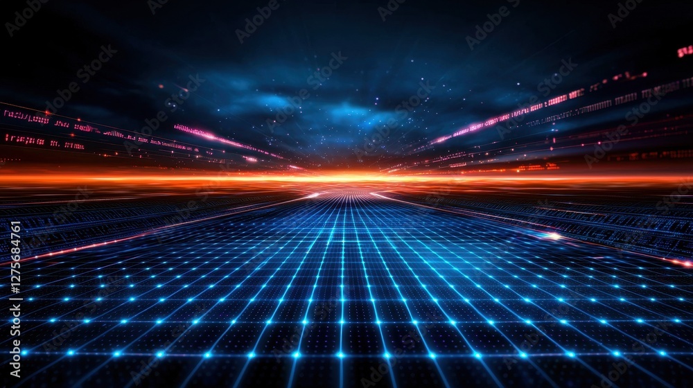 Fototapeta premium Abstract Blue Grid with Orange Horizon and Starry Sky Background Illustration
