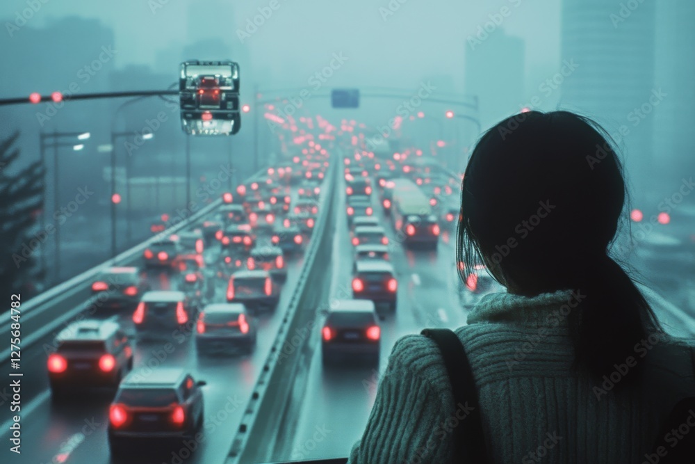 A woman gazes over a bustling highway, surrounded by red taillights in the foggy twilight, creating a scene of urban isolation. A woman gazes over a bustling highway, surrounded by red taillights in the foggy twilight, creating a scene of urban isolation.