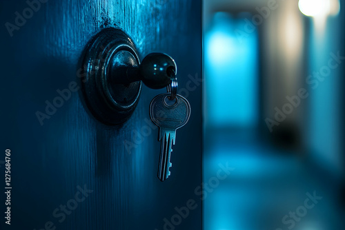  key with car keys hanging on the door handle of an open black front door.